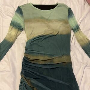 Tie-Dye Ombre Long Sleeve Ruched Maxi Dress - Green & Teal